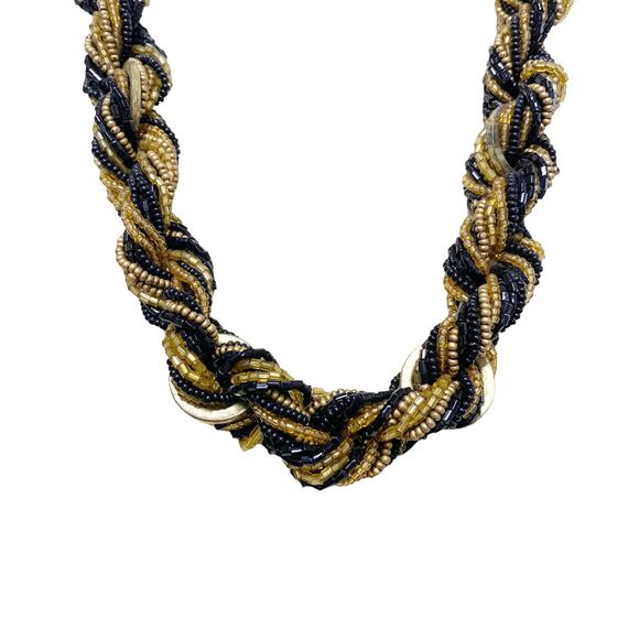 Vintage Twisted Beaded Rope Gold Black Chunky Statement Necklace - Picture 3 of 6